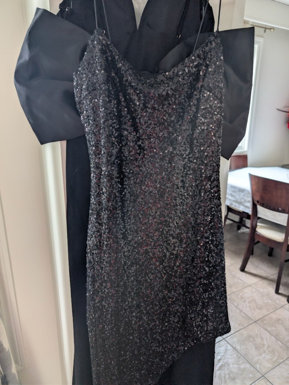 Black Sequin Asymmetrical Slip Dress